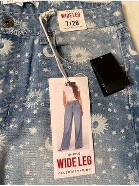 Celebrity Pink Light Blue Hi-Rise Wide Leg Jeans with Star & Moon Print